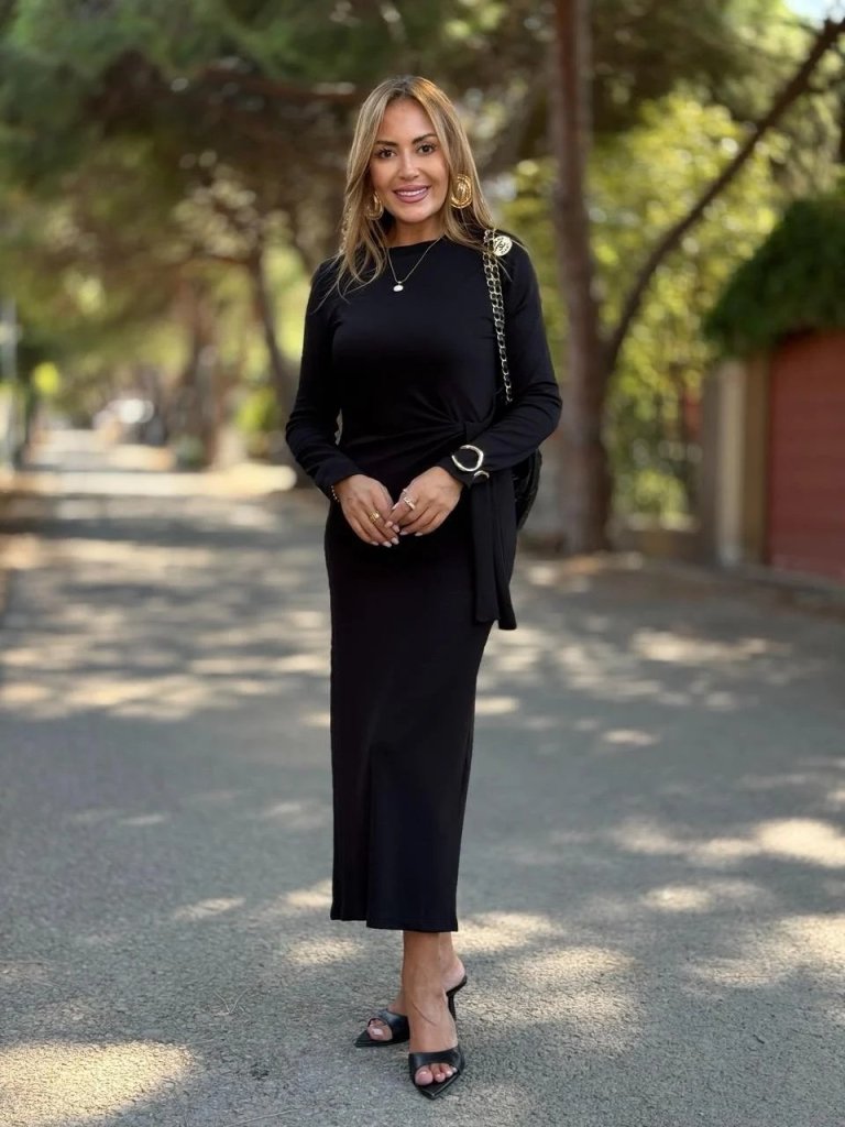 Women's Long Sleeve Crew Neck Side Tie Long Modal Dress