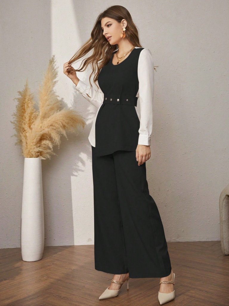 Women's Long Sleeve Open Collar Two-Tone Belted Imported Crepe Two-Piece Set
