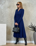 Women's Long Sleeve Collared Midi Viscose Two-Ply Dress