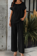 Women's Short Sleeve Open Collar Aerobin Blouse and Pants Two-Piece Set