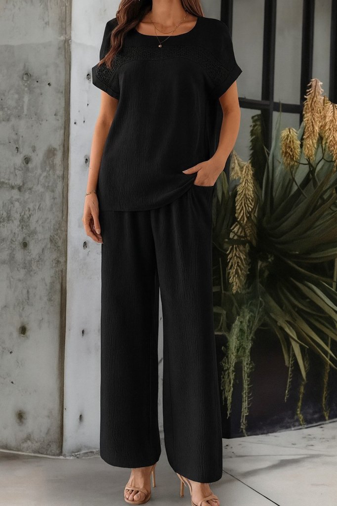 Women's Short Sleeve Open Collar Aerobin Blouse and Pants Two-Piece Set