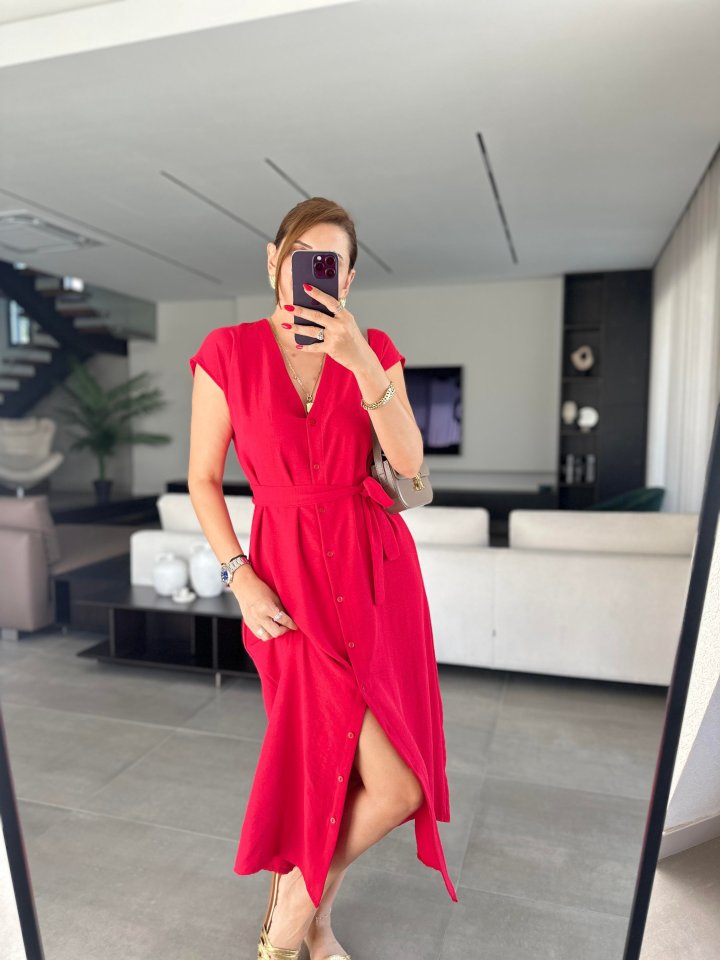 Women's V-Neck Button Detail Dress with Belt