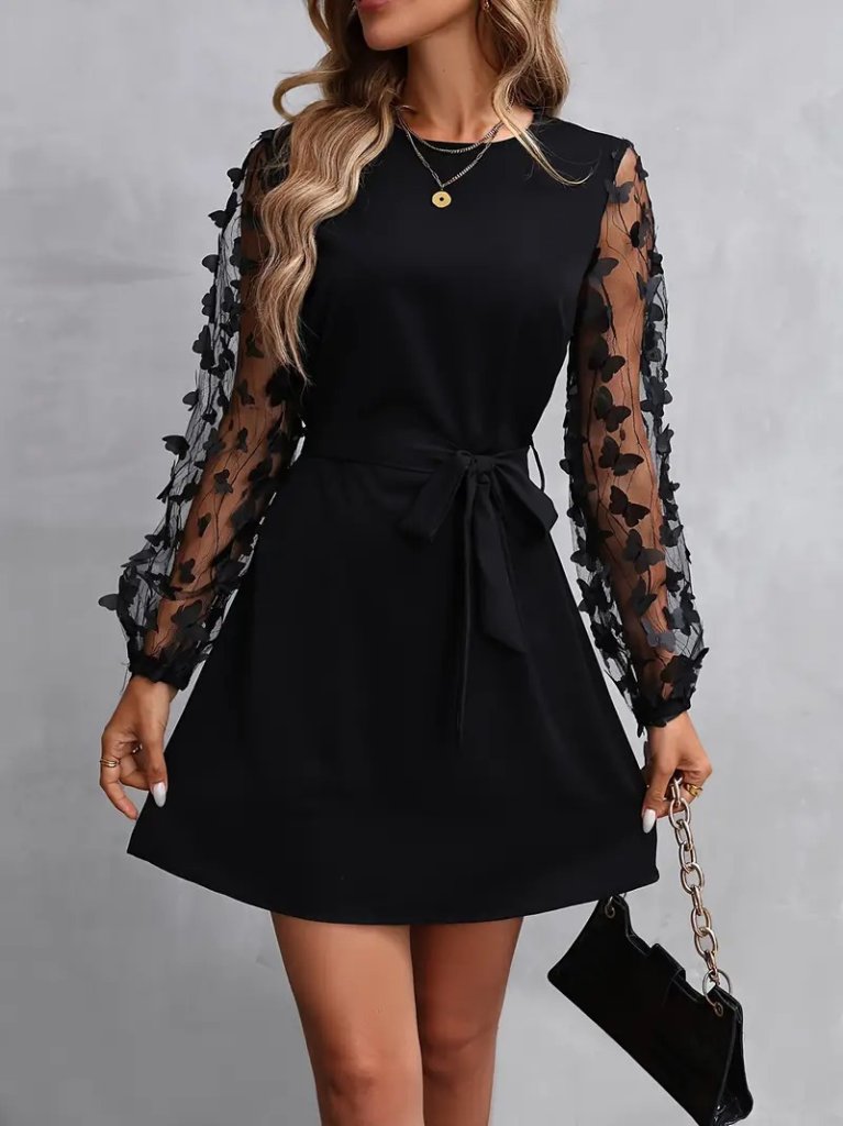 Women's Long Sleeve Crew Neck Tulle Butterfly Detail Imported Crepe Dress