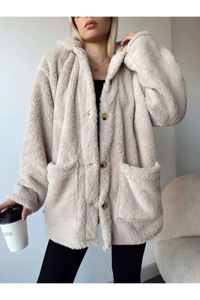 Women's Long Sleeve Pocket and Button Detail Wellsof Fabric Coat