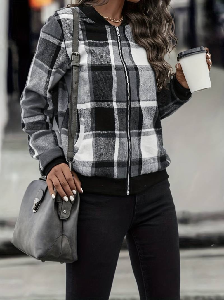Women's Long Sleeve Front Zipper Plaid Pattern Jacket