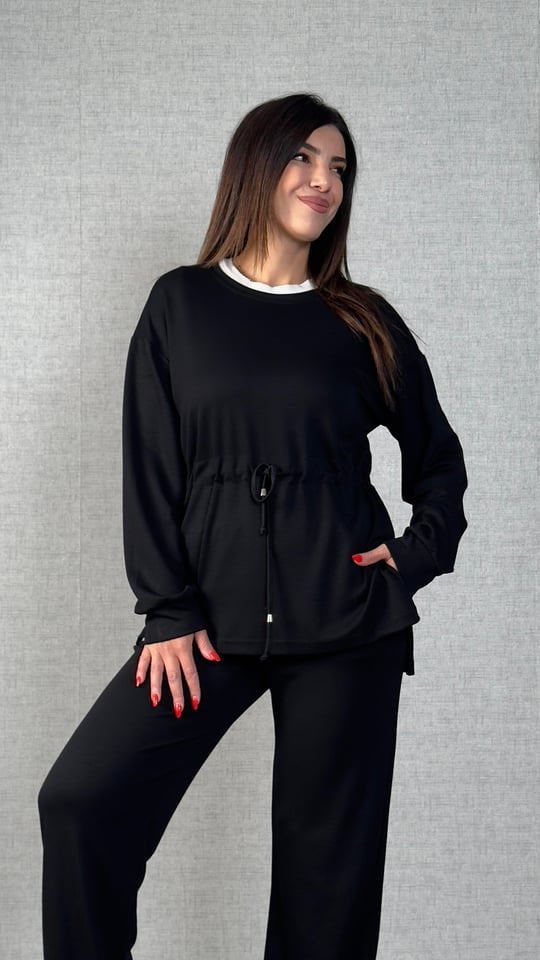 Women's Long Sleeve Collared Tunic and Pants Two-Piece Set with Gathered Detail