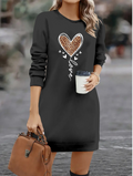 Women's Long-Sleeved Crew Neck Heart Pattern Short Viscose Dress