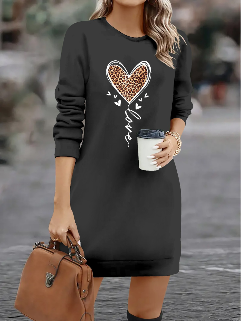 Women's Long-Sleeved Crew Neck Heart Pattern Short Viscose Dress