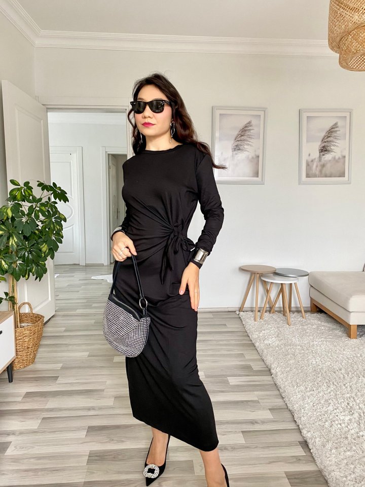 Women's Long Sleeve Crew Neck Cross-Tie Waist Side Slit Long Viscose Two-Thread Dress