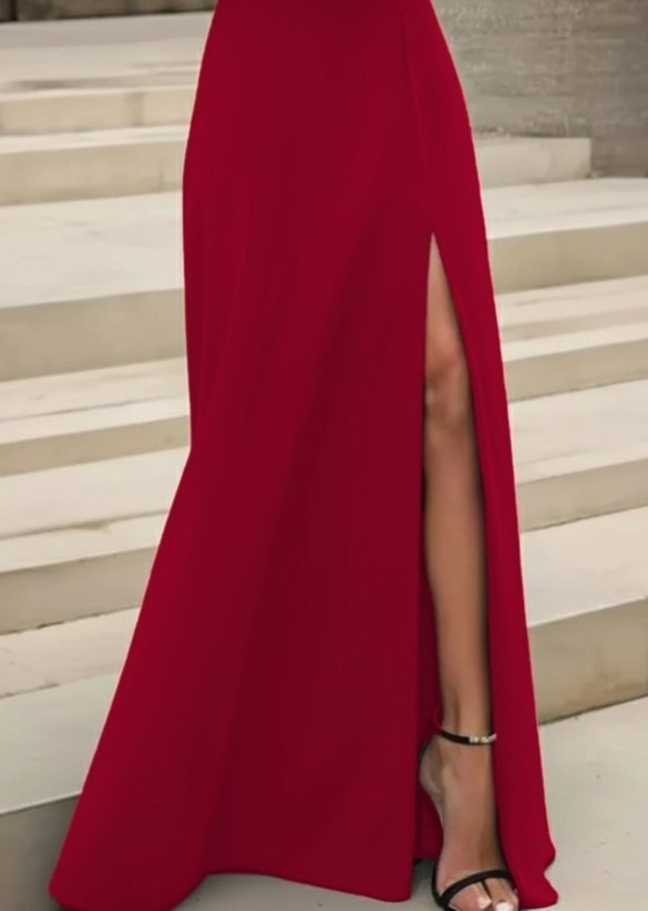 Women's Long-Sleeved Madonna Neck Slit Detail Long Imported Crepe Dress