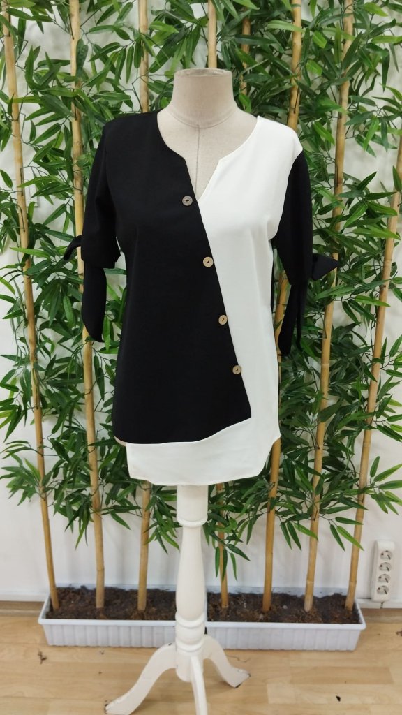 Women's Short Sleeve Tie-Front Asymmetrical Hem Two-Tone Detail Buttoned Imported Crepe Blouse