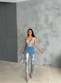 KNEE RIPPED FOIL-PRINTED MOM JEANS - Silver