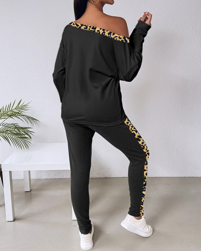 Women's Long Sleeve Leopard Detail Viscose Two-Thread Two-Piece Set