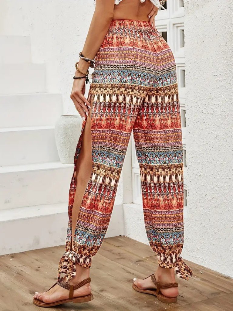 Women's High-Waist Patterned Shirred Trousers with Side Slits