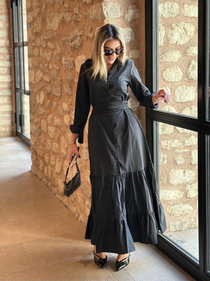 Women's Long Sleeve Ruffle Skirt Belted Tricot Full Length Shirt Dress