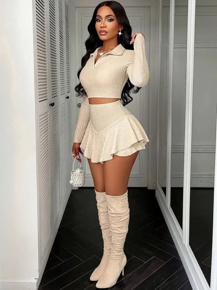 Crinkled Fabric Long Sleeve Padded Shoulder Skort Set