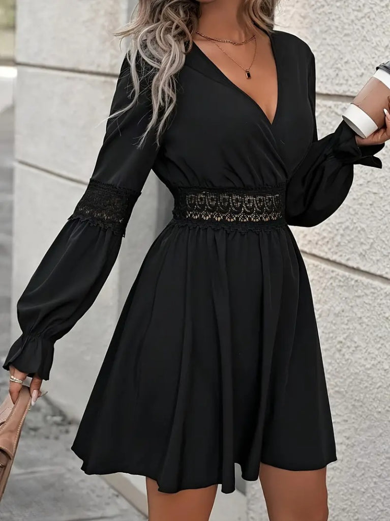 Women's Long Sleeve Wrap Collar Lace Detail Zipper Detail Short Imported Crepe Dress