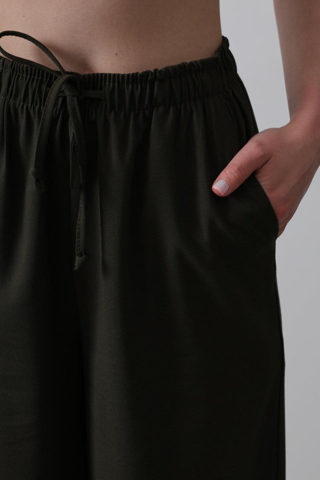 Loose Wide-Leg Trousers with Elasticated Waist - Dark Khaki
