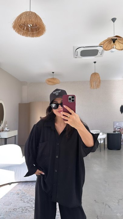 Kadın Flamlı Keten Tek Cep Oversızed Gömlek