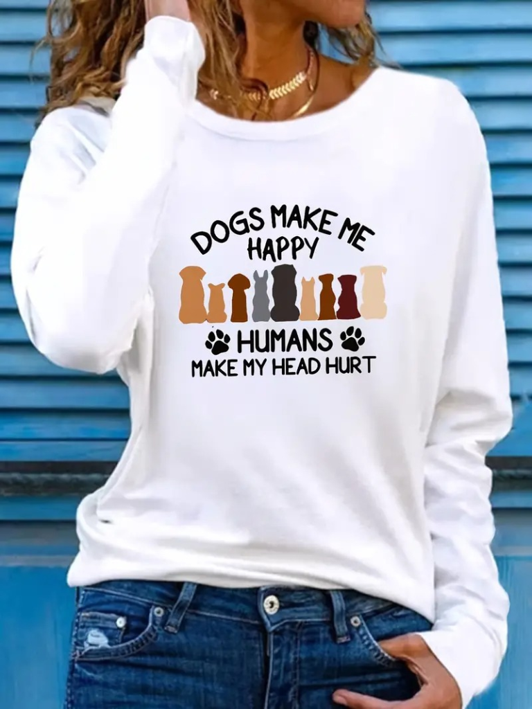 Women's Long Sleeve Crew Neck Dog Print Viscose Blouse