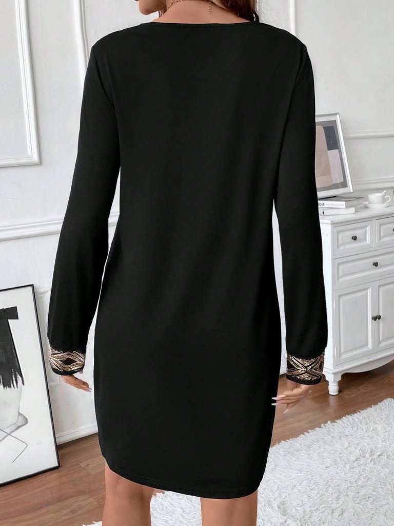 Women's Long-Sleeved V-Neck Sequin-Detailed Mini Imported Crepe Dress