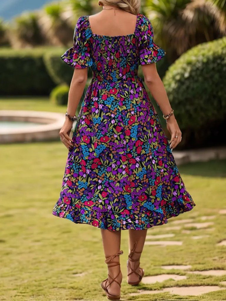 Women's Short Sleeve Square Neck Elastic Waist Floral Print Mini Supima Dress