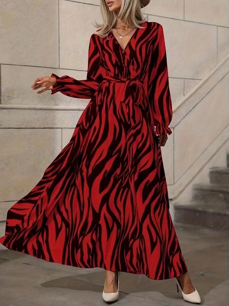 Women's Long-Sleeve Wrap Collar Belted Zebra Print Supremax Maxi Dress