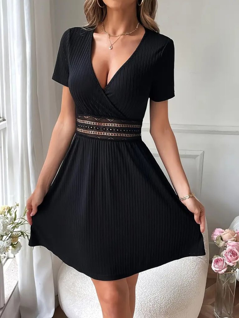 Women's Short Sleeve Wrap Neck Lace-Trimmed Cami Dress