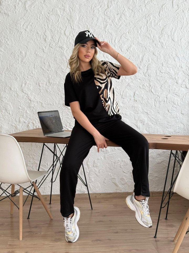 Women's Crew Neck Short Sleeve Leopard Print Blouse and Pants Two-Piece Set