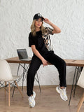 Women's Crew Neck Short Sleeve Leopard Print Blouse and Pants Two-Piece Set