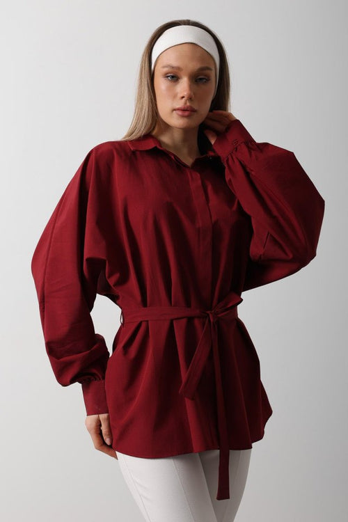 Shirtdress with Waist Detail - Burgundy