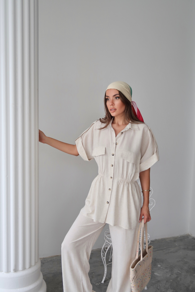LINEN SHIRT AND TROUSERS SET WITH ELASTICATED WAIST - Stone