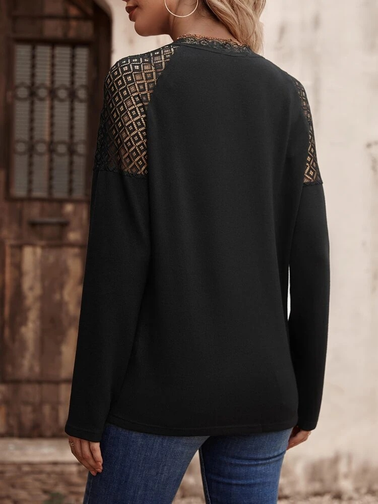 Women's Long Sleeve V-Neck Lace Detail Viscose Blouse