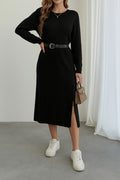 Women's Long Sleeve Crew Neck Side Slit Midi Knit Dress