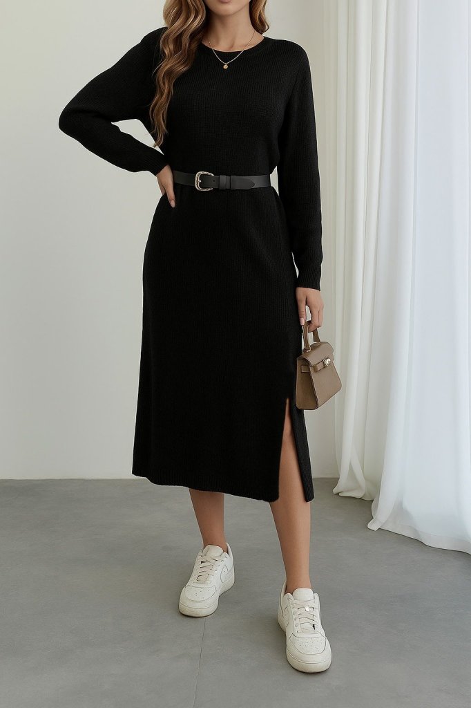 Women's Long Sleeve Crew Neck Side Slit Midi Knit Dress