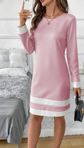 Women's Long Sleeve Round Neck Mini Scuba Dress with Hemline Stripe Detail