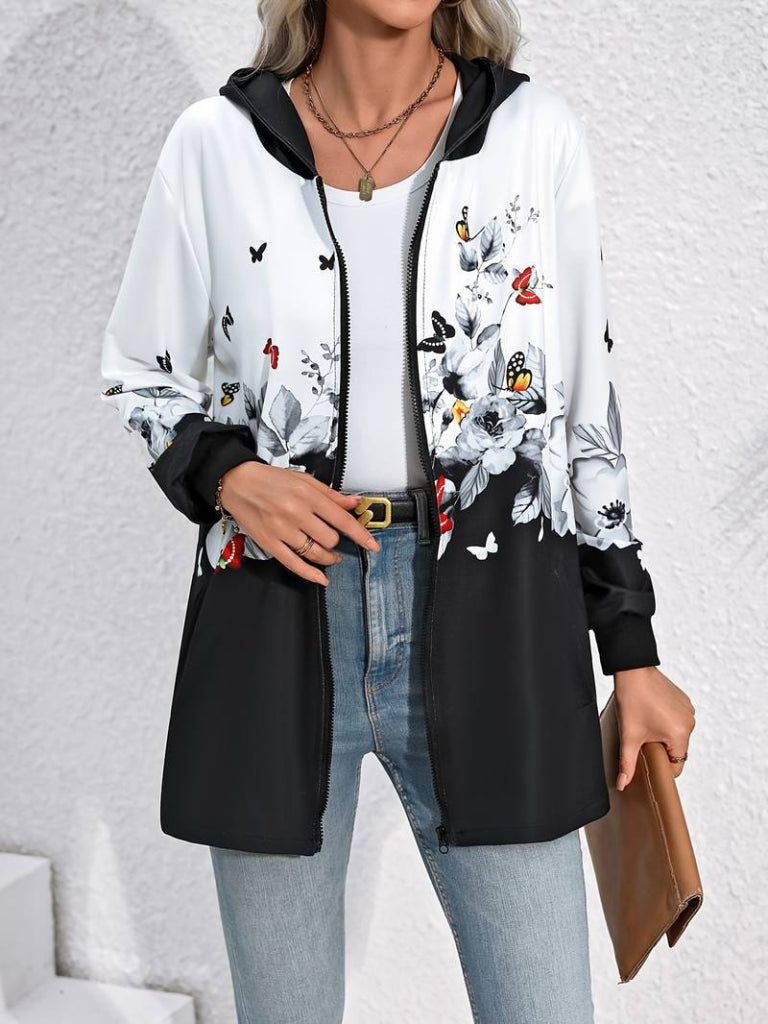 Women's Long Sleeve Hooded Zippered Floral-Butterfly Patterned Brushed Scuba Jacket
