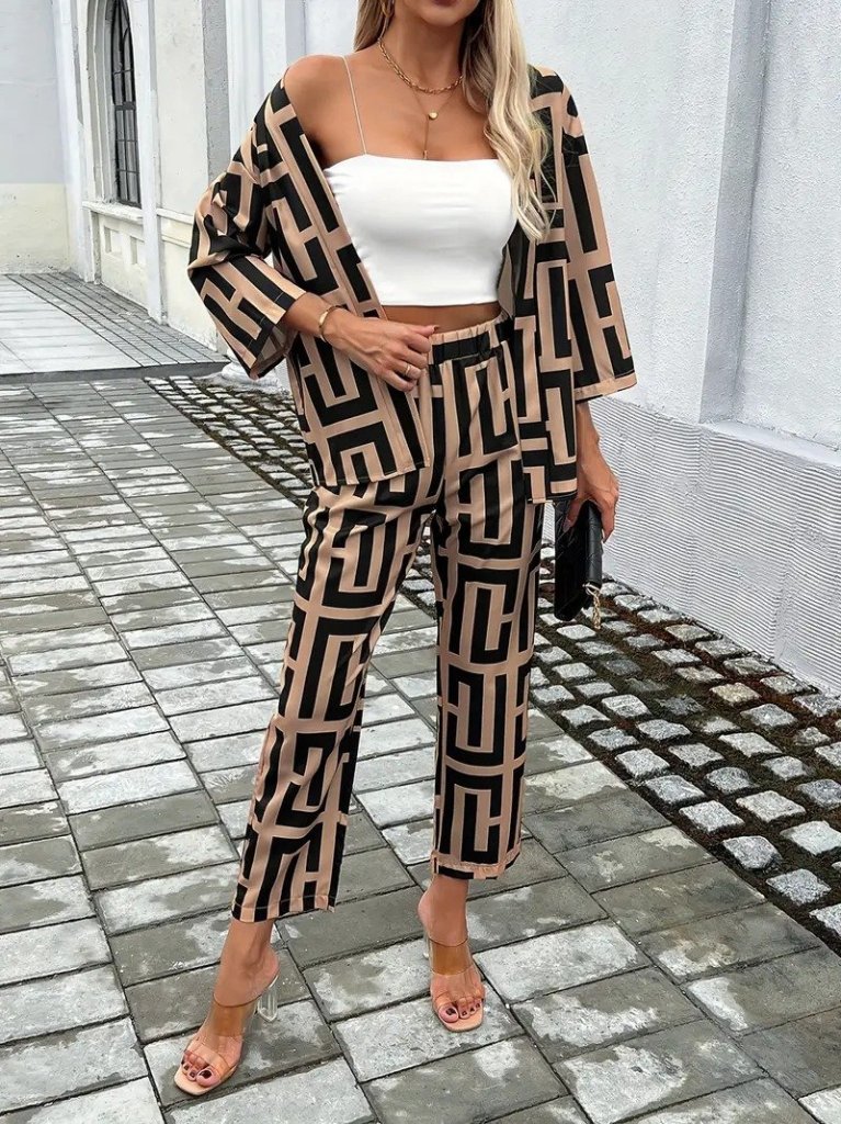 Women's Long Sleeve Open Front Patterned Double-Thread Jacket and Pants Two-Piece Set