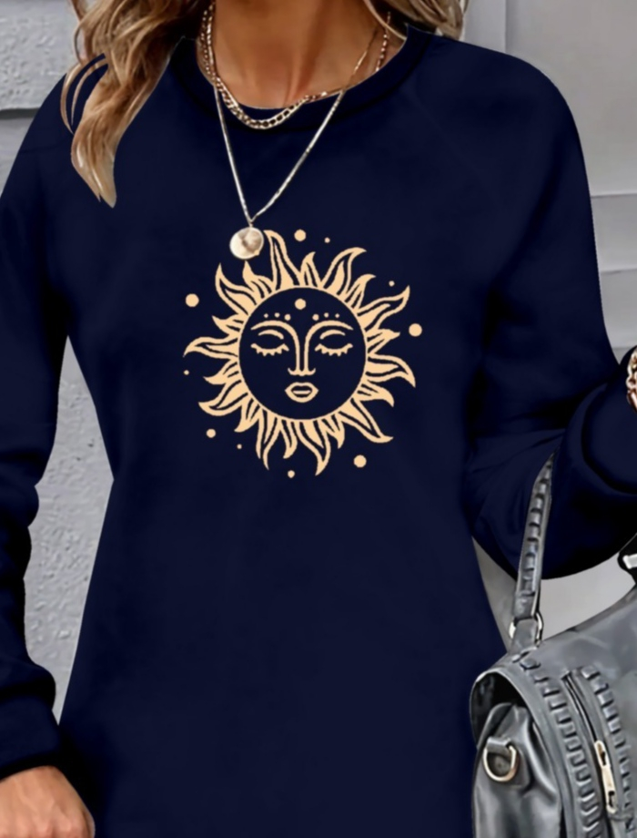 Women's Long Sleeve Crew Neck Sun Pattern Viscose Double Knit Dress