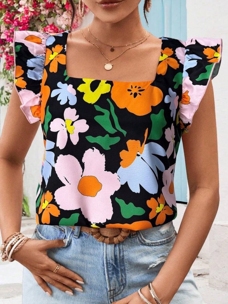 Women's Short Ruffle Sleeve Square Neck Floral Print Imported Linen Blouse