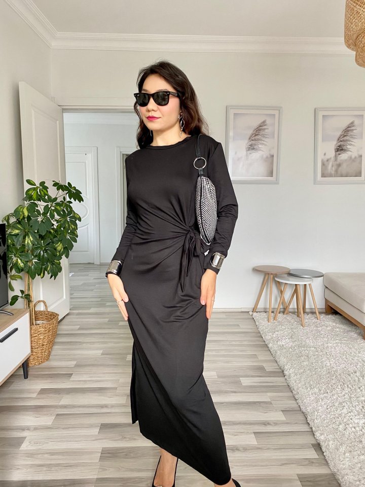 Women's Long Sleeve Crew Neck Cross-Tie Waist Side Slit Long Viscose Two-Thread Dress