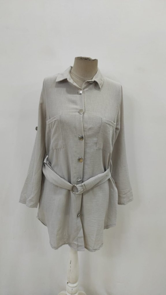 Women's Long Sleeve Collared Button-Front Belted Mini Imported Linen Dress