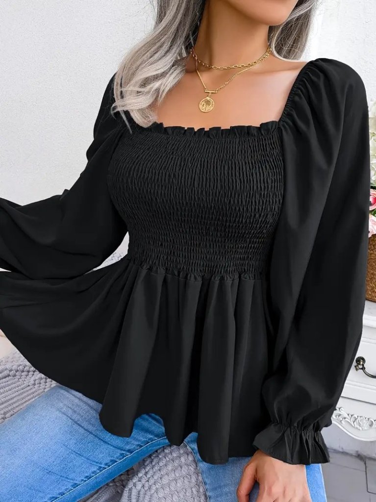 Women's Long Sleeve Geometric Collared Crêpe Blouse with Shirring Detail