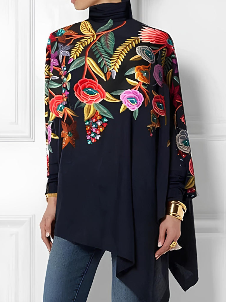 Women's Long Sleeve Turtle Neck Asymmetrical Cut Micro Blouse