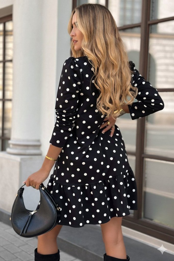 Women's Long Sleeve Crew Neck Ruffled Polka Dot Short Modal Dress