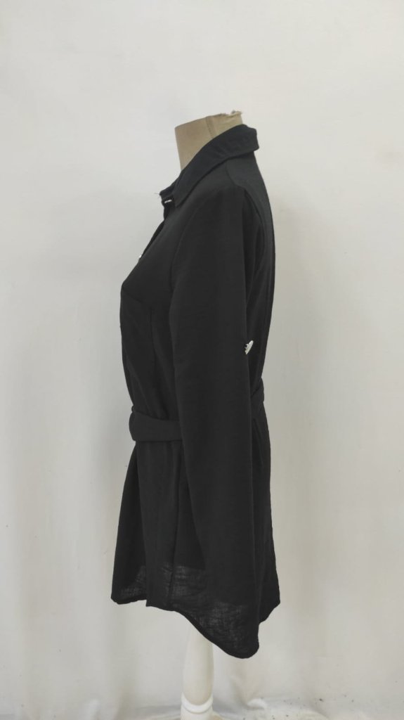 Women's Long Sleeve Collared Button-Front Belted Mini Imported Linen Dress
