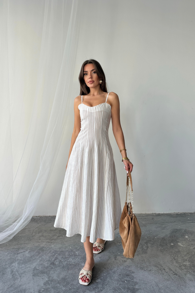 SHIMMER STRIPED STRAPPY MIDI DRESS - Brown