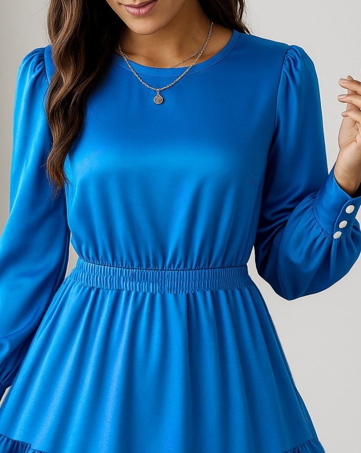 Women's Long Sleeve Crew Neck Shirred Waist Ruffled Imported Crepe Dress