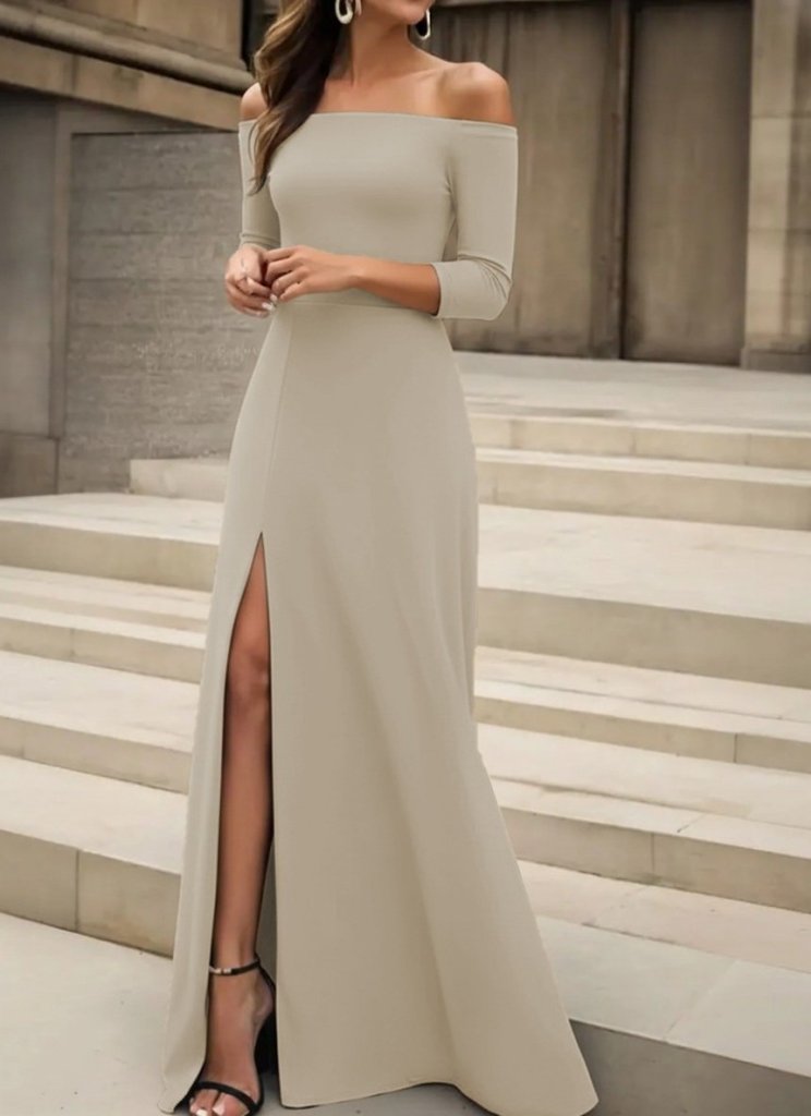 Women's Long-Sleeved Madonna Neck Slit Detail Long Imported Crepe Dress