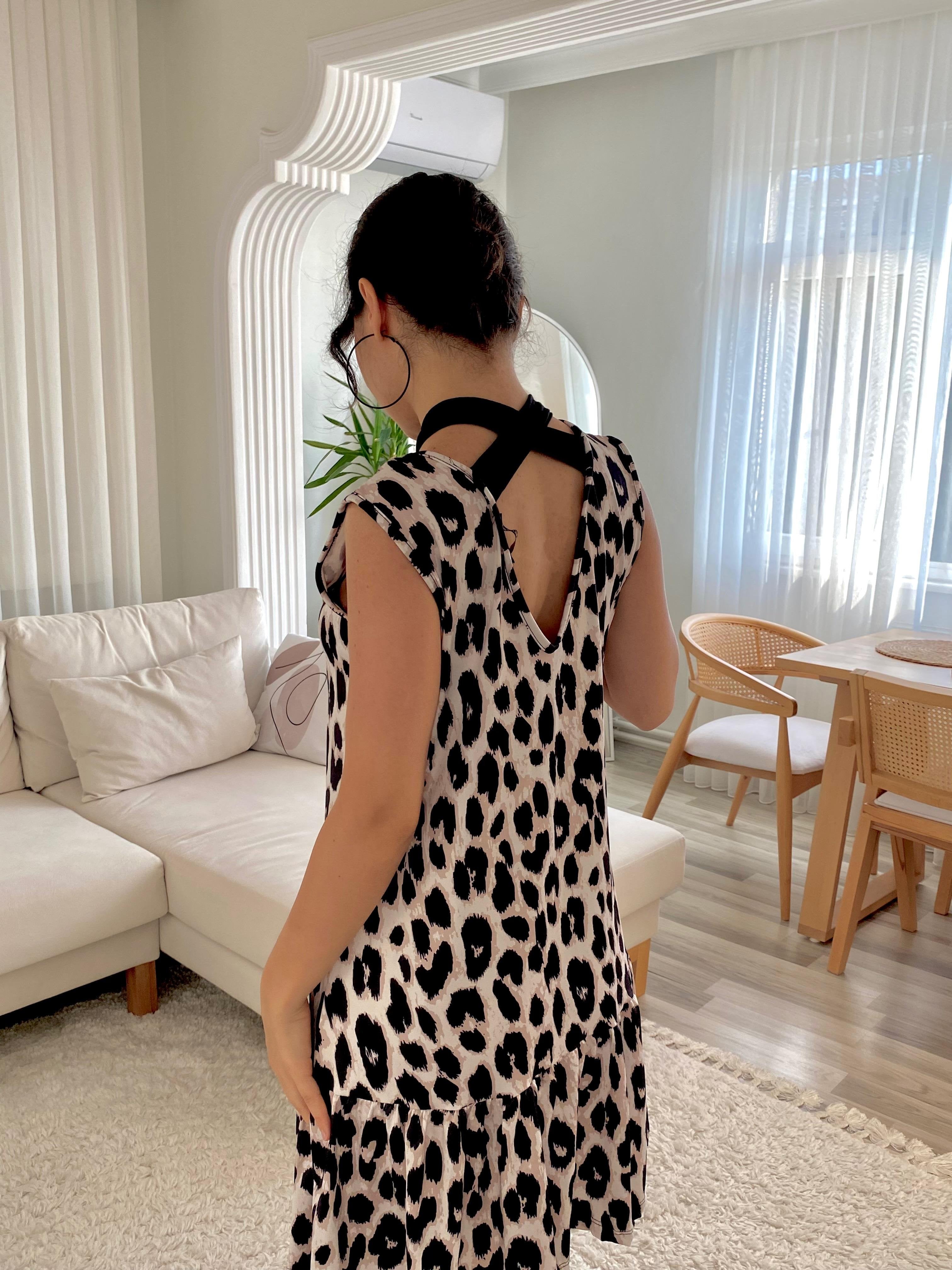 Women's Sleeveless Back-Tie Ruffle Leopard Print Supreme Dress
